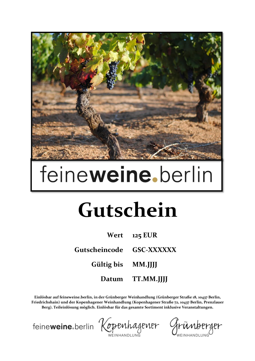 125 Euro Gutschein mit einer Weinrebe mit Trauben als Bild
