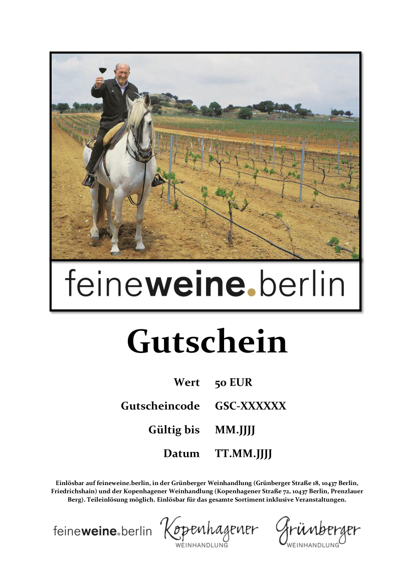 50 Euro Gutschein mit Winzer  auf einem Pferd mit einem Weinglas  Zuprostend vor seinen Rebstöcken