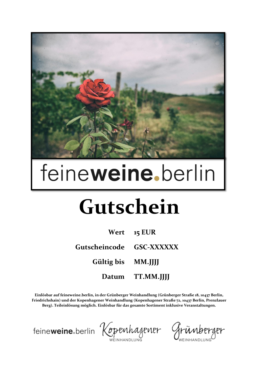 15 Euro Gutschein mit einer roten Rose vor Rebstöcken als Bild