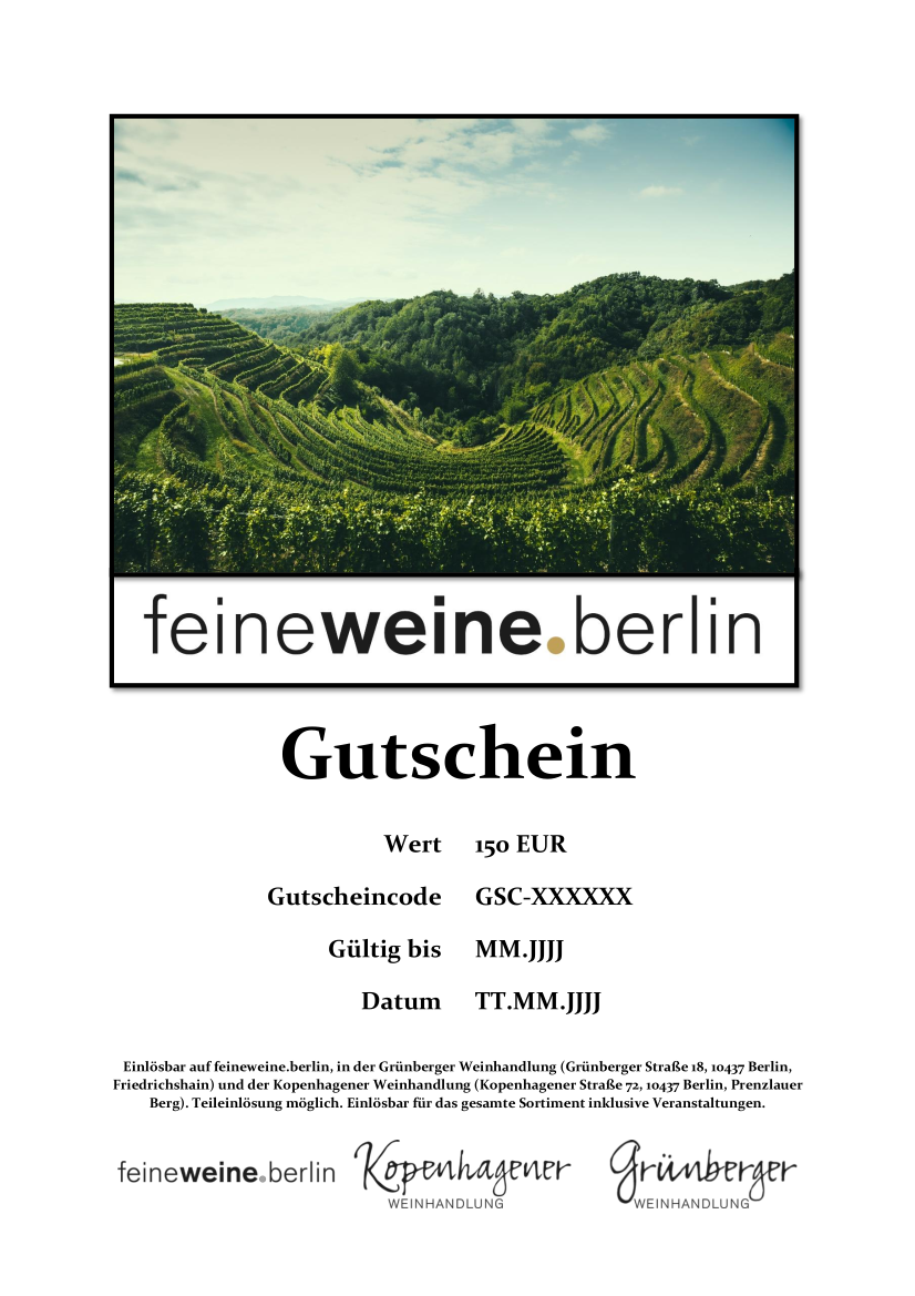 150 Euro Gutschein mit terassenförmigem Weinberg vor strahlend blauem Himmel als Bild