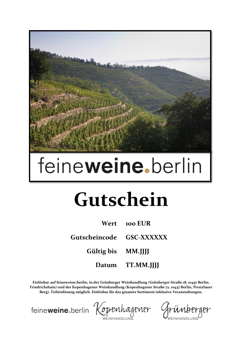 100 Euro Gutschein mit sonnenbeschienen Weinberg als Bild